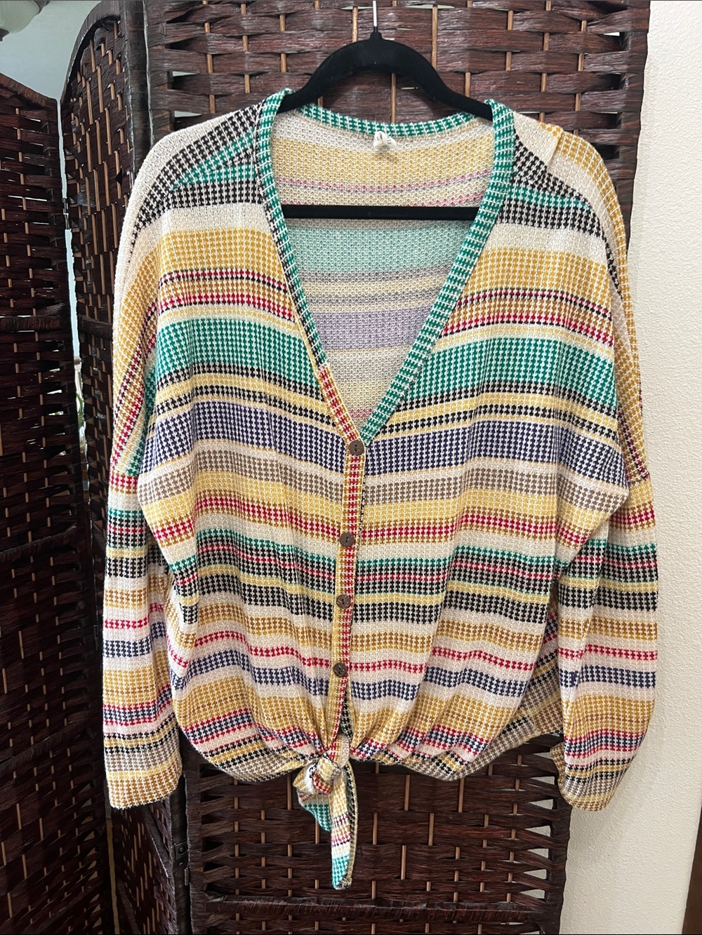 Bellamie Striped Tie-Hem Cardigan in Yellow, Green, Black, Cream